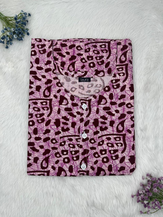 Opera Mauve Printed Round Neck Pure Cotton Full Open Button Labour Room Nighty Free Size Short Sleeve (Suits for bra size 34″- 40″ | 54-56 inch length)