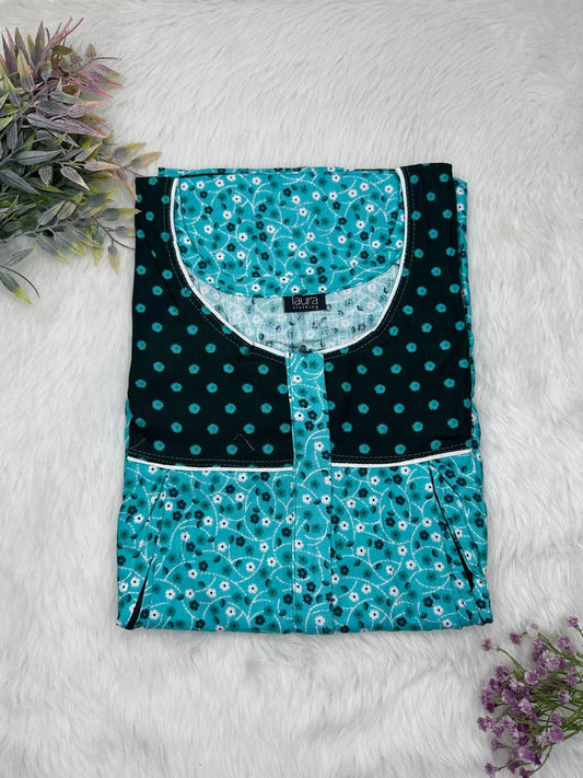Bondi Blue and Onyx Printed Round Neck Pleated Pure Cotton Feeding Nighty With Two Side Vertical Zip and Single Centre Zip Free Size Short Sleeve (Suits for bra size 34″- 40″ | 54-56 inch length)