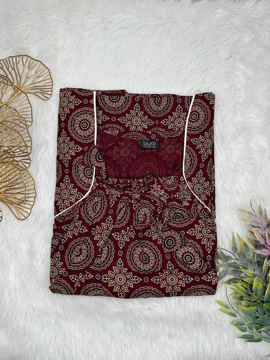 Dark Sienna Printed Pure Cotton Square Neck Elastic Pleated Nighty Free Size Short Sleeve (Suits for bra size 34″- 40″ | 54-56 inch length)