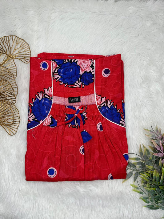 Cornell Red Printed Pure Cotton Square Neck Elastic Pleated Nighty Free Size Short Sleeve (Suits for bra size 34″- 40″ | 54-56 inch length)