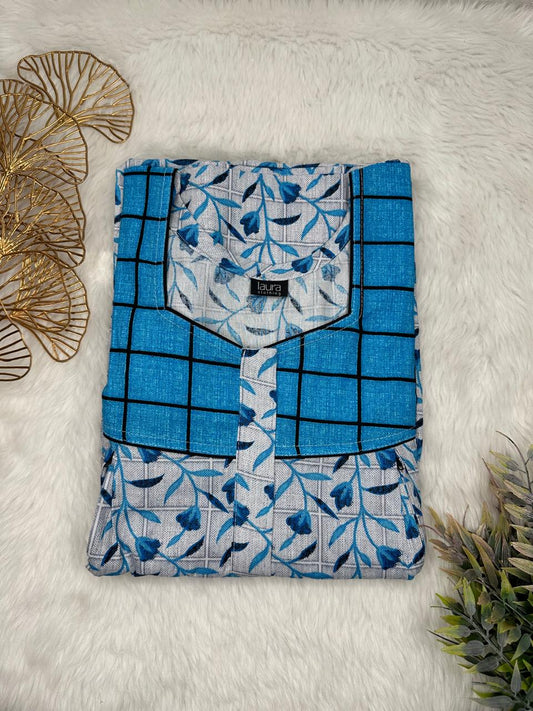 Steel Blue and Dark Grey Printed Square Neck Pleated Pure Cotton Feeding Nighty With Two Side Vertical Zip and Single Centre Zip Free Size Short Sleeve (Suits for bra size 34″- 40″ | 54-56 inch length)