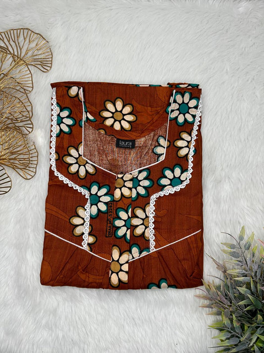 Sienna Printed Square Neck Centre Long 12" Zip Pure Cotton Feeding Nighty Free Size Short Sleeve (Suits for bra size 34″- 40″ | 54-56 inch length)