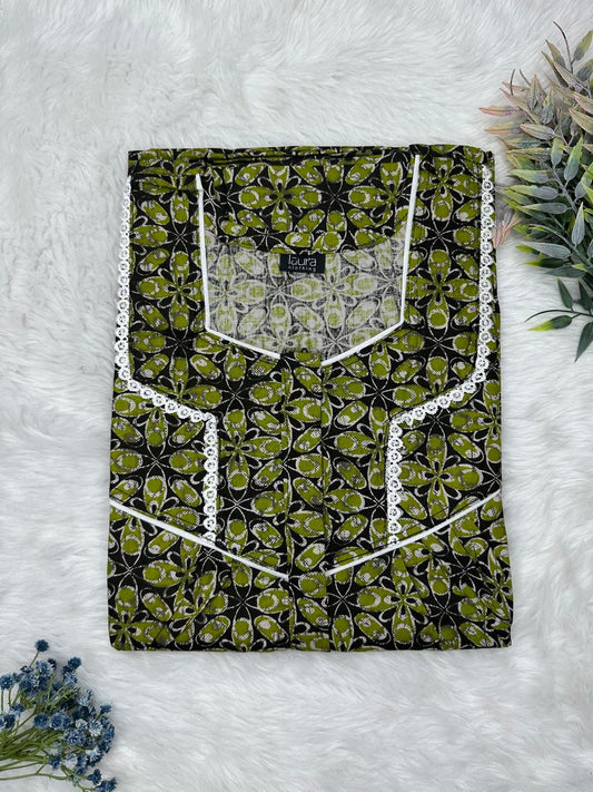 Olive Drab and Onyx Printed Square Neck Centre Long 12" Zip Pure Cotton Feeding Nighty Free Size Short Sleeve (Suits for bra size 34″- 40″ | 54-56 inch length)