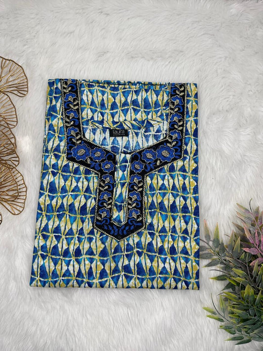 Yale Blue Printed Normal Zip Embroidery Neck Pure Cotton Maternity Nighty Plus Size Short Sleeve (Suits for bra size 40″- 46″ | 54-56 inch length)