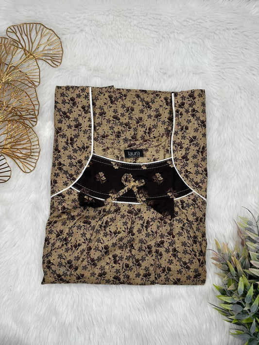 Grullo Floral Printed Square Neck No Zip Pleated Pure Cotton Nighty Free Size Short Sleeve (Suits for bra size 34″- 40″ | 54-56 inch length)