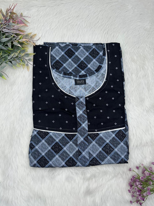 Payne Grey and Onyx Printed Round Neck Pleated Pure Cotton Feeding Nighty With Two Side Vertical Zip and Single Centre Zip Free Size Short Sleeve (Suits for bra size 34″- 40″ | 54-56 inch length)