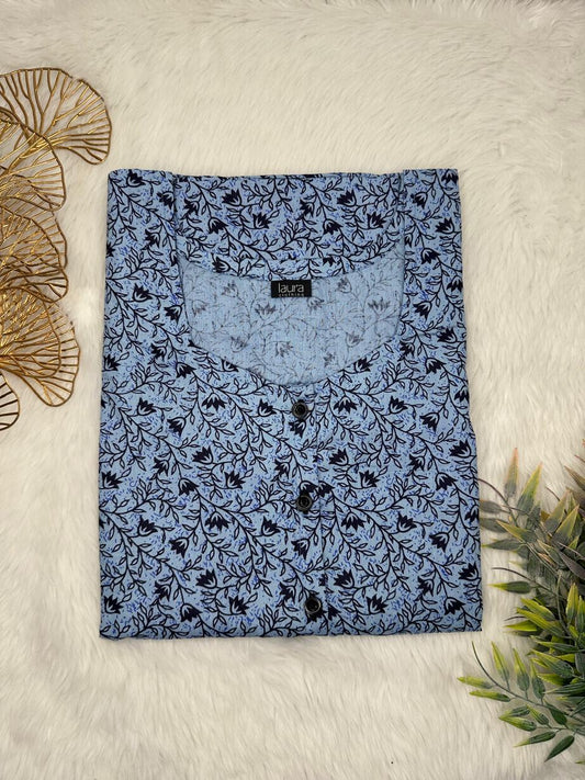 Cool Grey and Onyx Printed Square Neck Pure Cotton Full Open Button Labour Room Nighty Free Size Short Sleeve (Suits for bra size 34″- 40″ | 54-56 inch length)