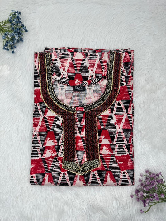 Vivid Auburn Printed Normal Zip Pure Cotton Matching Neck Embroidery Nighty Free Size Short Sleeve (Suits for bra size 34″- 40″ | 54-56 inch length)