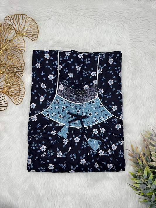 Oxford Blue and Light Gray Floral Printed Square Neck No Zip Pleated Pure Cotton Nighty Free Size Short Sleeve (Suits for bra size 34″- 40″ | 54-56 inch length)