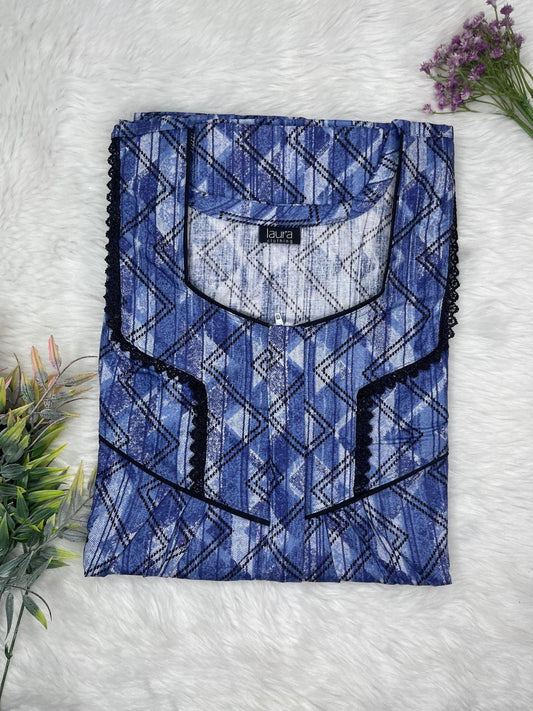 Glaucous Printed Mix and Match Square Neck Centre Long 12" Zip Pure Cotton Feeding Nighty Free Size Short Sleeve (Suits for bra size 34″- 40″ | 54-56 inch length)