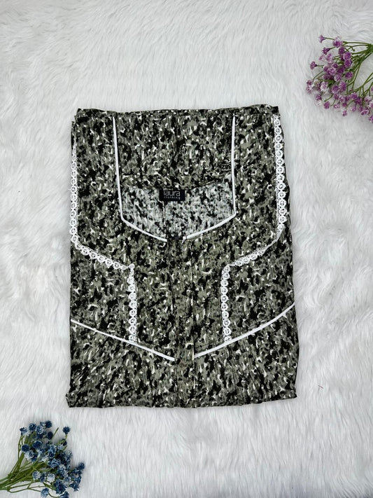 Xanadu Printed Square Neck Centre Long 12" Zip Pure Cotton Feeding Nighty Free Size Short Sleeve (Suits for bra size 34″- 40″ | 54-56 inch length)