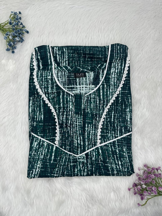 Dark Jungle Green Printed Round Neck Normal Zip Pure Cotton Nighty Free Size Short Sleeve (Suits for bra size 34″- 40″ | 54-56 inch length)