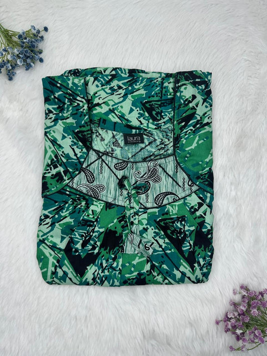 Hooker Green Printed Square Neck No Zip Pleated Pure Cotton Nighty Free Size Short Sleeve (Suits for bra size 34″- 40″ | 54-56 inch length)