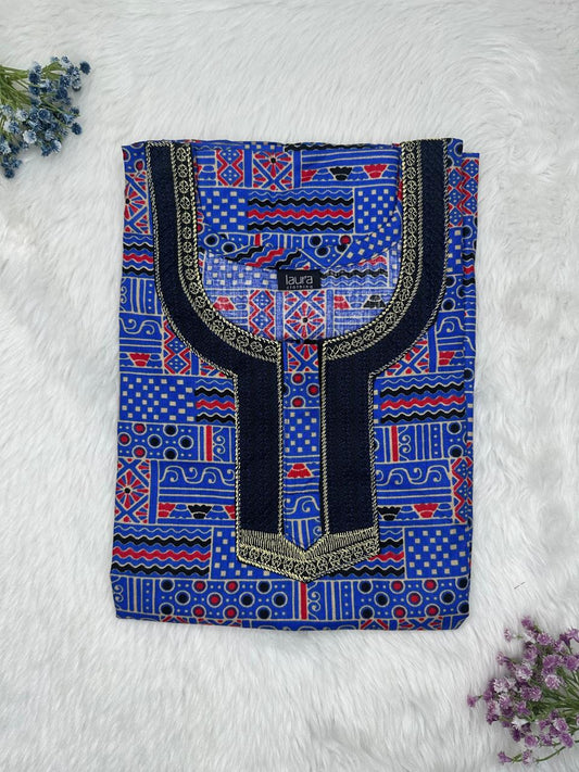 UA Blue Printed Normal Zip Pure Cotton Matching Neck Embroidery Nighty Free Size Short Sleeve (Suits for bra size 34″- 40″ | 54-56 inch length)