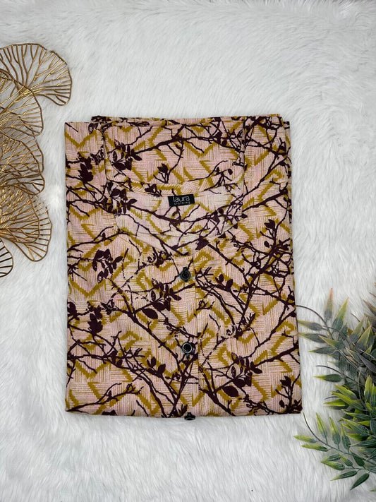 Tan and Purple Taupe Printed Square Neck Pure Cotton Full Open Button Labour Room Nighty Free Size Short Sleeve (Suits for bra size 34″- 40″ | 54-56 inch length)