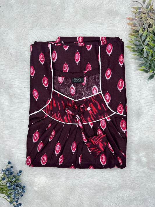 Dark Scarlet Printed Square Neck No Zip Pleated Pure Cotton Nighty Free Size Short Sleeve (Suits for bra size 34″- 40″ | 54-56 inch length)