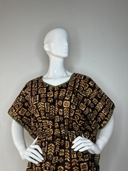 Dark Tan and Onyx printed Pure Cotton V-Neck Kaftan With Matching Border Lace And Adjustable Tie Free Size (Suits for bra size 34″- 40″) | 54-56 Inch Length