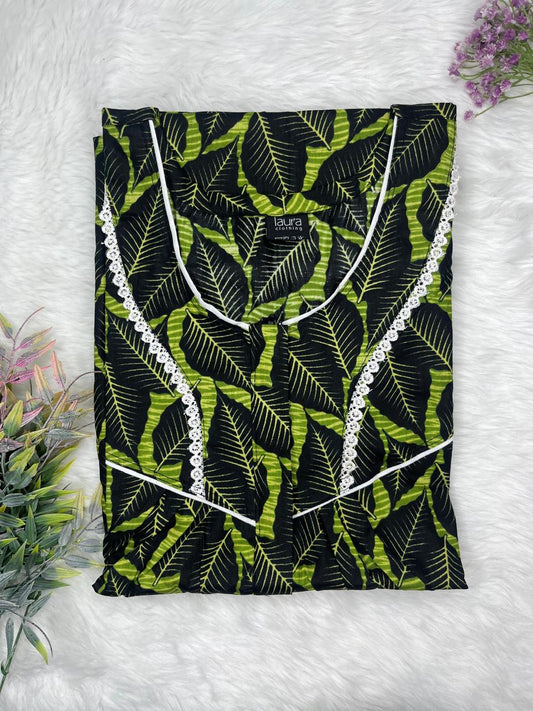 Olive Drab Printed Round Neck Centre Long 12" Zip Pure Cotton Feeding Nighty Free Size Short Sleeve (Suits for bra size 34″- 40″ | 54-56 inch length)