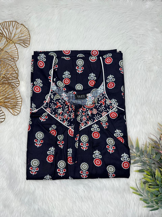 Oxford Blue Printed Square Neck Pleated Zip Pure Cotton Nighty Free Size Short Sleeve (Suits for bra size 34″- 40″ | 54-56 inch length)