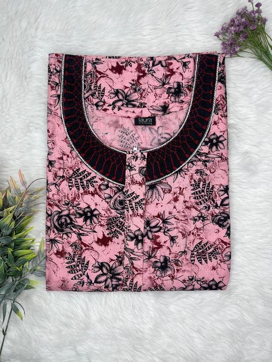 Mauvelous Printed 12" Long Zip Pure Cotton Matching Neck Embroidery Feeding Nighty Free Size Short Sleeve (Suits for bra size 34″- 40″ | 54-56 inch length)