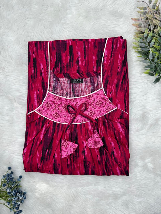 Vivid Cerise Printed Square Neck No Zip Pleated Pure Cotton Nighty Free Size Short Sleeve (Suits for bra size 34″- 40″ | 54-56 inch length)