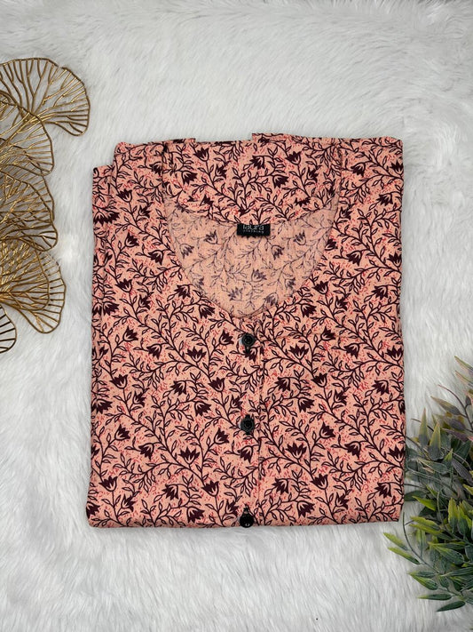 Pale Chestnut and Smokey Black Printed Round Neck Pure Cotton Full Open Button Labour Room Nighty Free Size Short Sleeve (Suits for bra size 34″- 40″ | 54-56 inch length)