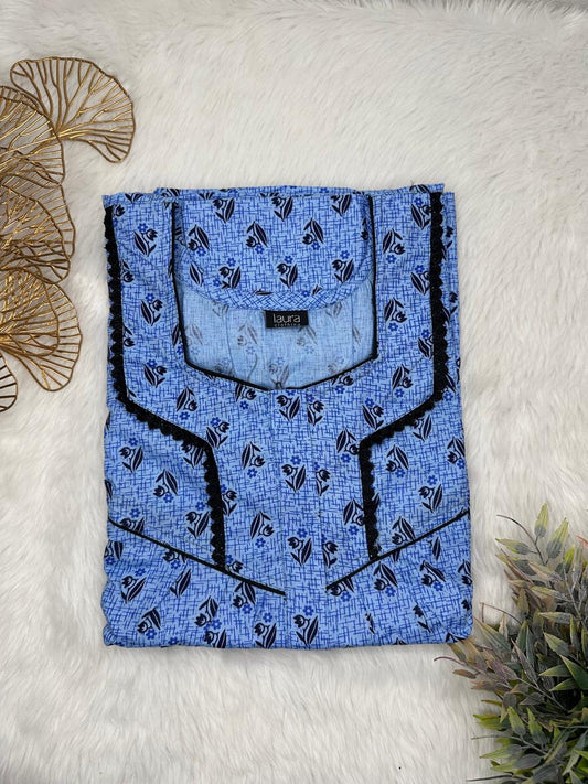 Dark Pastel Blue Printed Square Neck Centre Long 12" Zip Pure Cotton Feeding Nighty Free Size Short Sleeve (Suits for bra size 34″- 40″ | 54-56 inch length)