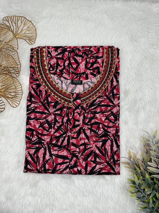 Deep Carmine and Onyx Printed 12" Long Zip Pure Cotton Matching Neck Embroidery Feeding Nighty Free Size Short Sleeve (Suits for bra size 34″- 40″ | 54-56 inch length)