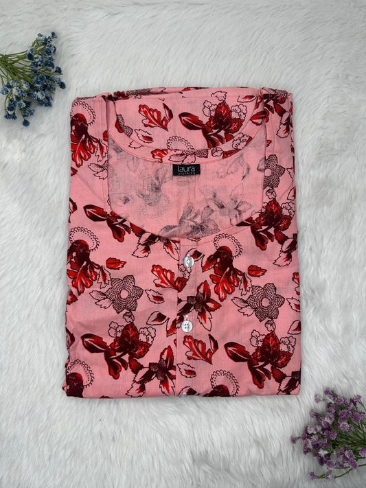 Ruddy Pink Printed Round Neck Pure Cotton Full Open Button Labour Room Nighty Free Size Short Sleeve (Suits for bra size 34″- 40″ | 54-56 inch length)