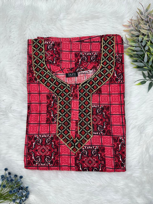 Deep Carmine Printed Normal Zip Embroidery Neck Pure Cotton Maternity Nighty Plus Size Short Sleeve (Suits for bra size 40″- 46″ | 54-56 inch length)