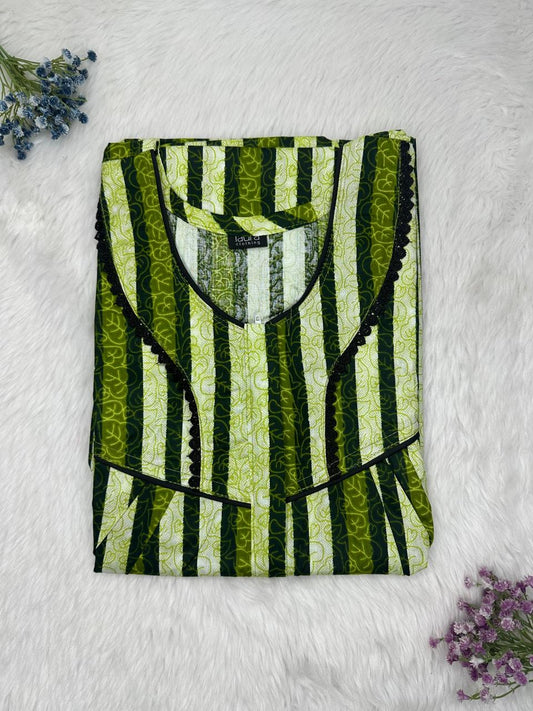 Army Green Printed Round Neck Centre Long 12" Zip Pure Cotton Feeding Nighty Free Size Short Sleeve (Suits for bra size 34″- 40″ | 54-56 inch length)