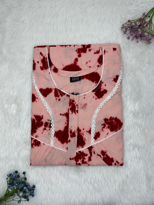 Rosy Brown Printed Round Neck Centre Long 12" Zip Pure Cotton Feeding Nighty Free Size Short Sleeve (Suits for bra size 34″- 40″ | 54-56 inch length)