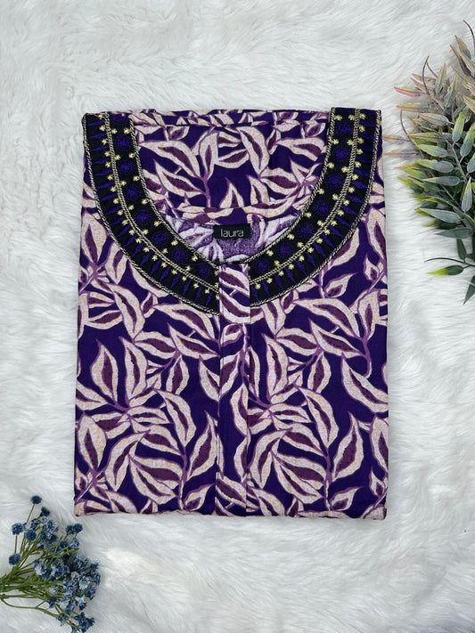 Midnight Blue Printed 12" Long Zip Matching Embroidery Neck Pure Cotton Feeding Nighty Plus Size Short Sleeve (Suits for bra size 40″- 46″ | 54"-56" inch length)