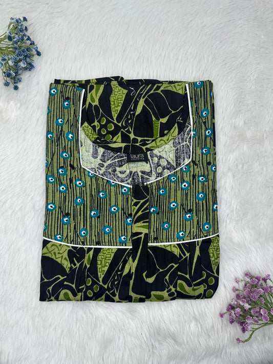 Dark Tan and Onyx Printed Mix N Match Square Neck Pleated Cotton Nighty With Centre -8″ Zip Short Sleeve Free Size (Suits for bra size 34″- 40″ | 54-56 inch length )