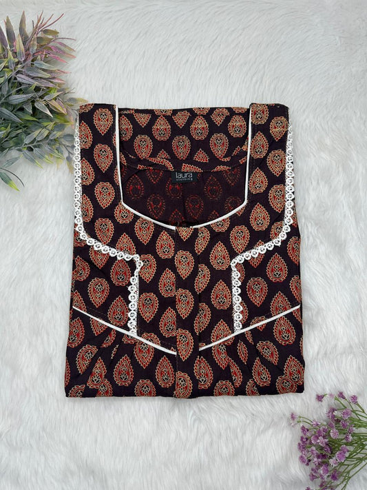 Bole and Onyx Printed Square Neck Centre Long 12" Zip Pure Cotton Feeding Nighty Free Size Short Sleeve (Suits for bra size 34″- 40″ | 54-56 inch length)