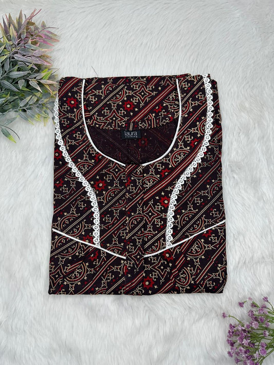 Onyx Printed Round Neck Centre Long 12" Zip Pure Cotton Feeding Nighty Free Size Short Sleeve (Suits for bra size 34″- 40″ | 54-56 inch length)