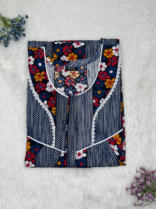 Charcoal Printed Round Neck Centre Long 12" Zip Pure Cotton Feeding Nighty Free Size Short Sleeve (Suits for bra size 34″- 40″ | 54-56 inch length)