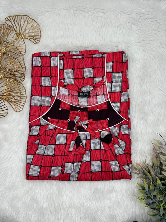 Upsdell Red Floral Printed Square Neck No Zip Pleated Pure Cotton Nighty Free Size Short Sleeve (Suits for bra size 34″- 40″ | 54-56 inch length)