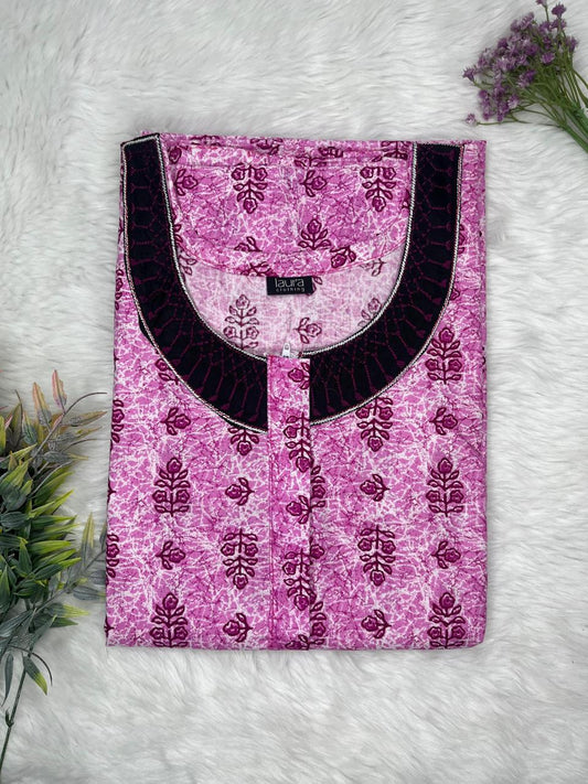 Sky Magenta Printed 12" Long Zip Pure Cotton Matching Neck Embroidery Feeding Nighty Free Size Short Sleeve (Suits for bra size 34″- 40″ | 54-56 inch length)