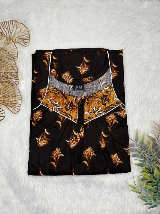 Smoky Black  Printed Square Neck Pleated Zip Pure Cotton Nighty Free Size Short Sleeve (Suits for bra size 34″- 40″ | 54-56 inch length)