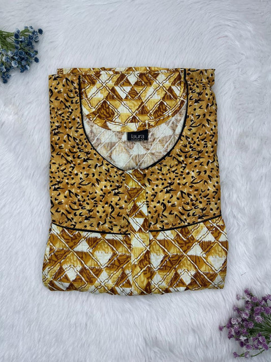 Golden Brown Printed Round Neck Pleated Pure Cotton Feeding Nighty With Two Side Vertical Zip and Single Centre Zip Free Size Short Sleeve (Suits for bra size 34″- 40″ | 54-56 inch length)