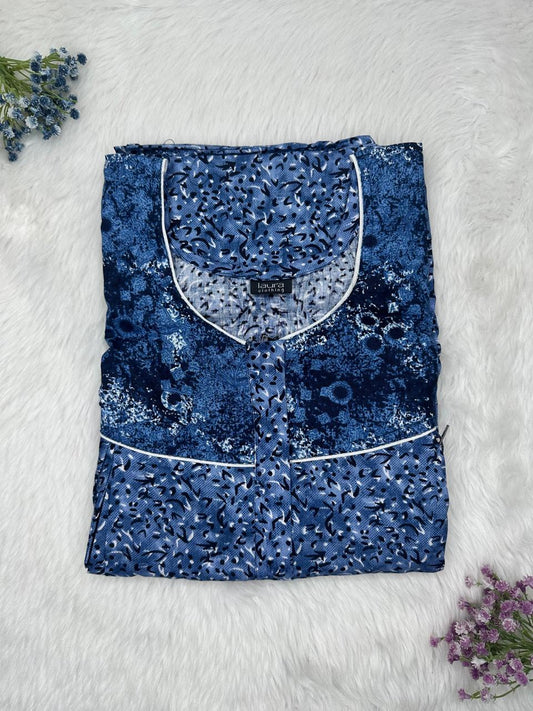 Yale Blue Printed Round Neck Pleated Pure Cotton Feeding Nighty With Two Side Vertical Zip and Single Centre Zip Free Size Short Sleeve (Suits for bra size 34″- 40″ | 54-56 inch length)