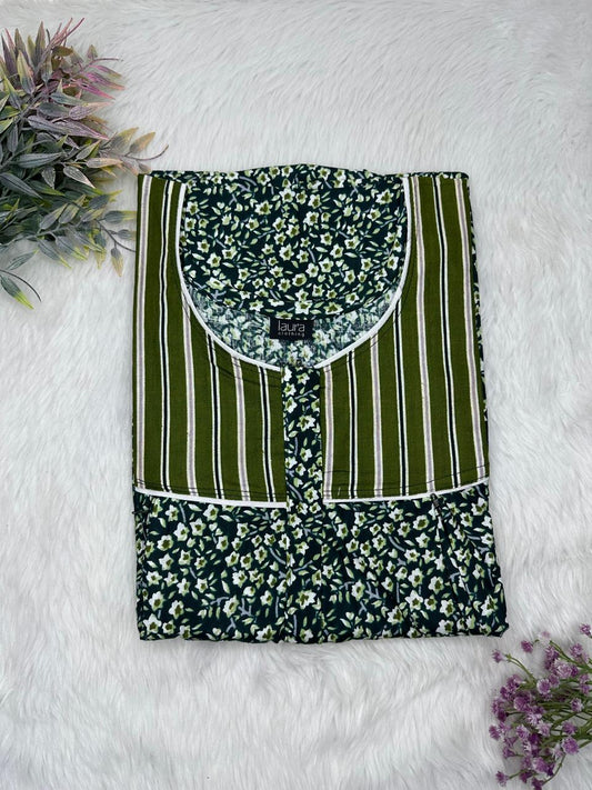 Army Green and Laurel Green Printed Round Neck Pleated Pure Cotton Feeding Nighty With Two Side Vertical Zip and Single Centre Zip Free Size Short Sleeve (Suits for bra size 34″- 40″ | 54-56 inch length)