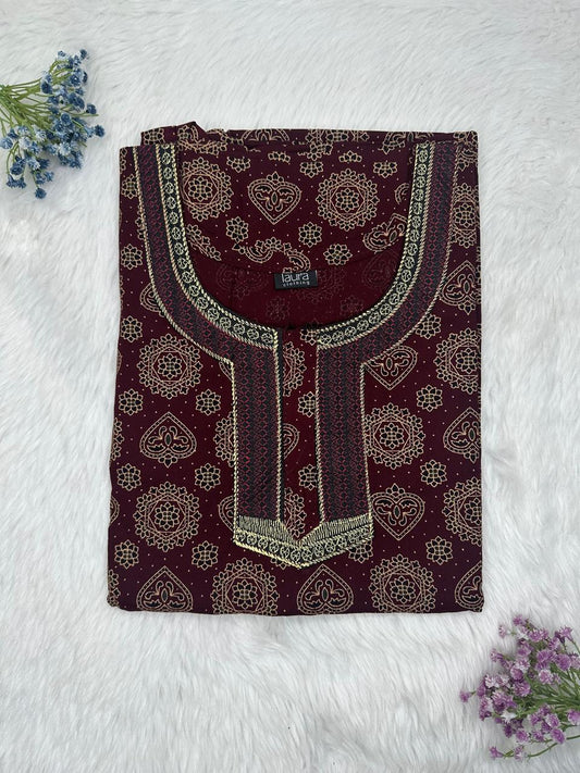 Seal Brown Printed Normal Zip Embroidery Neck Pure Cotton Nighty Plus Size Short Sleeve (Suits for bra size 40″- 46″ | 54-56 inch length)