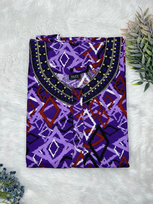 Persian Indigo Printed 12" Long Zip Matching Embroidery Neck Pure Cotton Feeding Nighty Plus Size Short Sleeve (Suits for bra size 40″- 46″ | 54"-56" inch length)