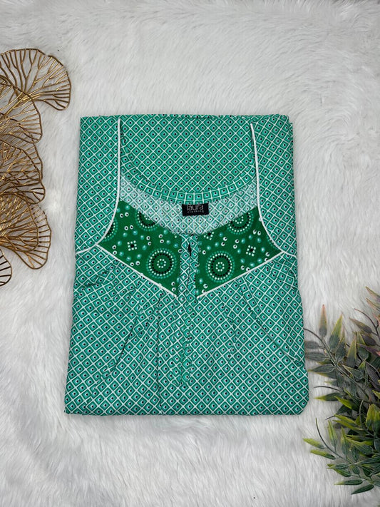 Pastel Blue Printed Square Neck Pleated Zip Pure Cotton Nighty Free Size Short Sleeve (Suits for bra size 34″- 40″ | 54-56 inch length)