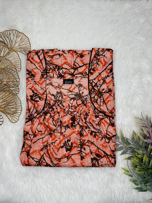 Rust and Pale Copper Printed Pure Cotton Square Neck Elastic Pleated Nighty Free Size Short Sleeve (Suits for bra size 34″- 40″ | 54-56 inch length)