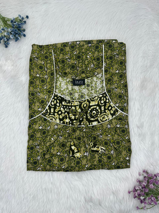Dark Olive Green Printed Square Neck No Zip Pleated Pure Cotton Nighty Free Size Short Sleeve (Suits for bra size 34″- 40″ | 54-56 inch length)