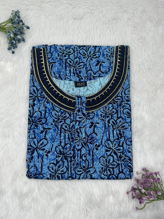 Blue Gray Printed 12" Long Zip Matching Embroidery Neck Pure Cotton Feeding Nighty Plus Size Short Sleeve (Suits for bra size 40″- 46″ | 54"-56" inch length)