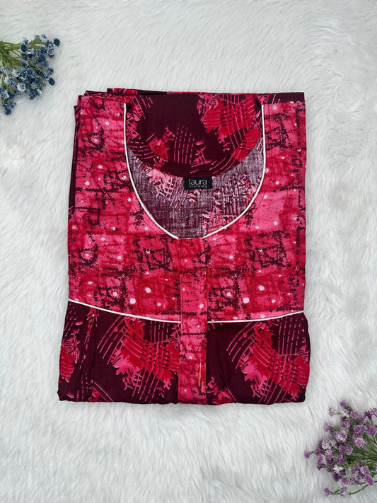 Bright Maroon Printed Round Neck Pleated Pure Cotton Feeding Nighty With Two Side Vertical Zip and Single Centre Zip Free Size Short Sleeve (Suits for bra size 34″- 40″ | 54-56 inch length)